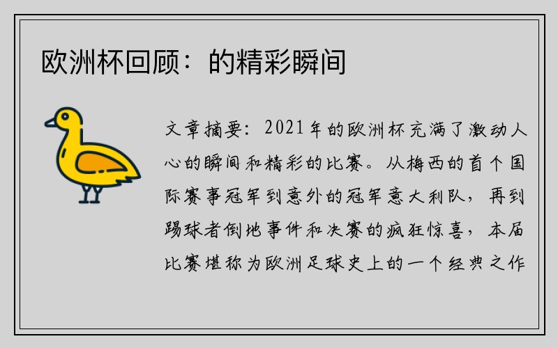 欧洲杯回顾：的精彩瞬间